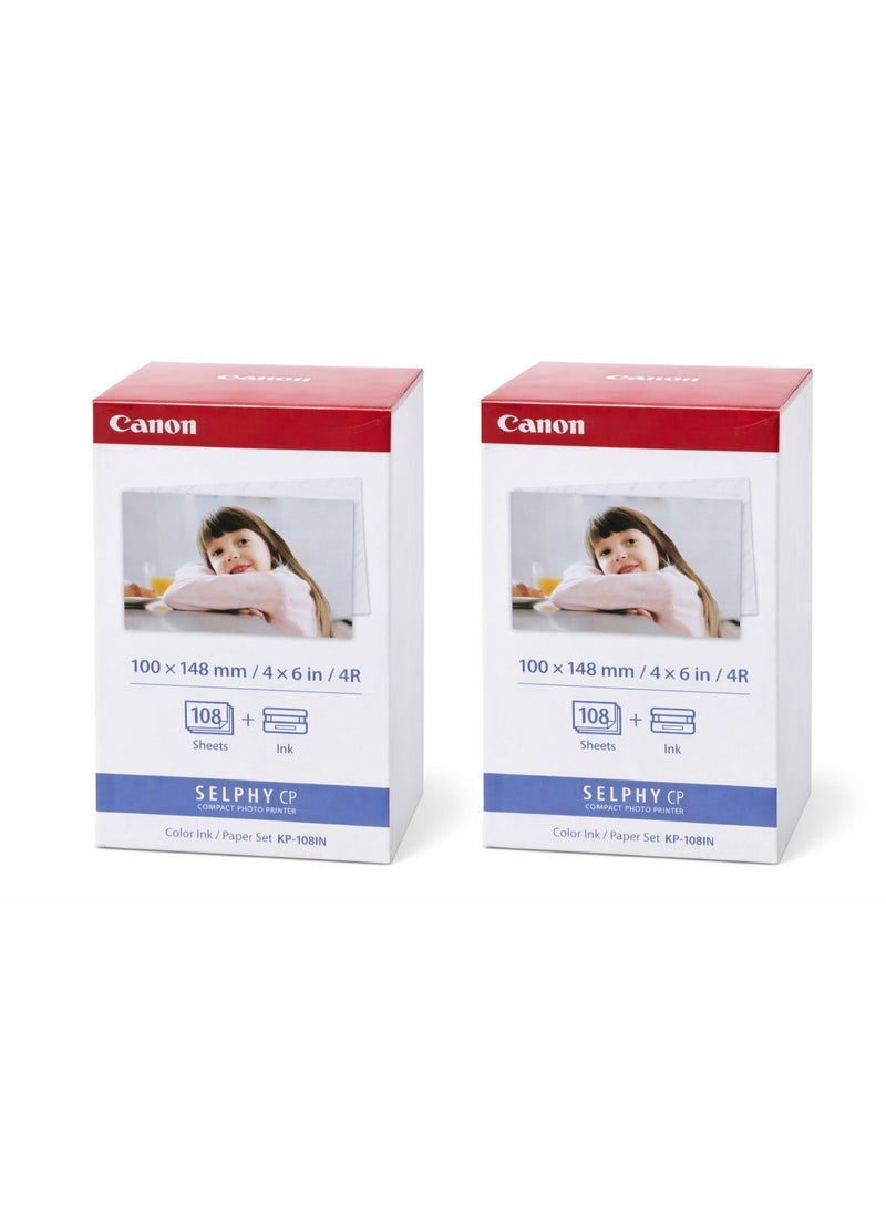 Canon SELPHY KP-108 Ink and Paper Set for Photo Printing Bundle of 2 Packs Total 216 Sheets Each Pack Includes 108 Sheets (Postcard Size 4x6") with Color Ink Compatible with CP1000, CP910, CP820 Printers - Image 1